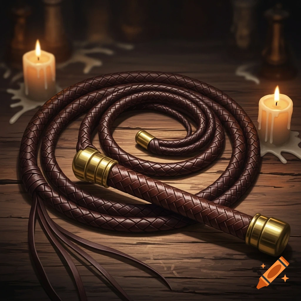 A coiled brown leather whip with brass accents rests on a wooden table, flanked by two lit candles with melted wax, in a painting style.