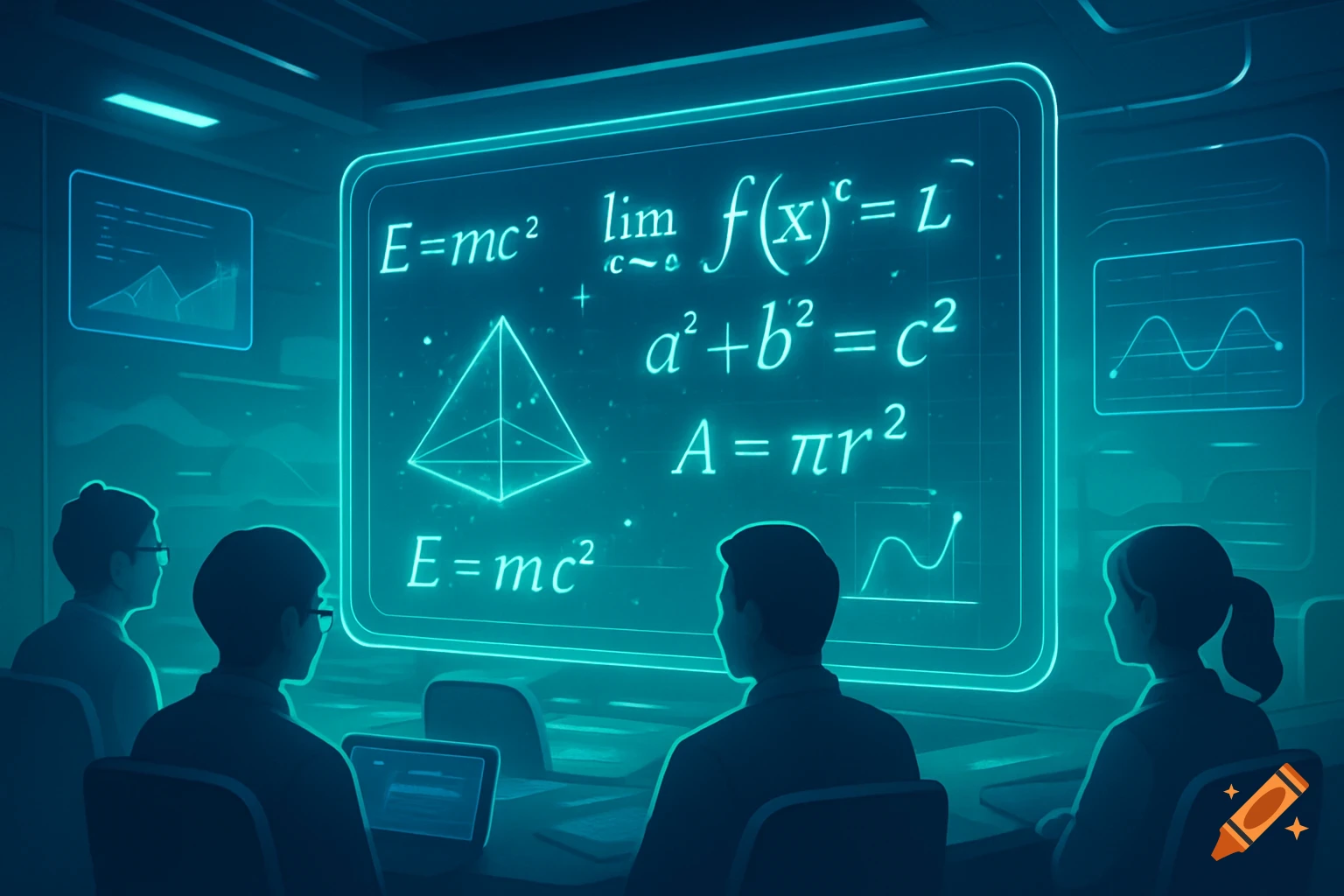 Four people in a futuristic room looking at a glowing screen displaying mathematical equations, a pyramid, and graphs.