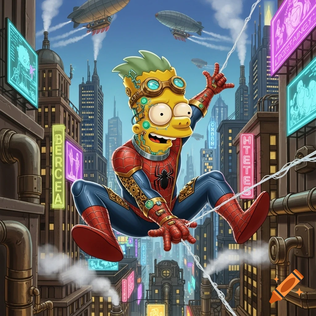 Bart Simpson as a steampunk Spider-Man swings through a futuristic cyberpunk city with airships, wearing goggles and gears.