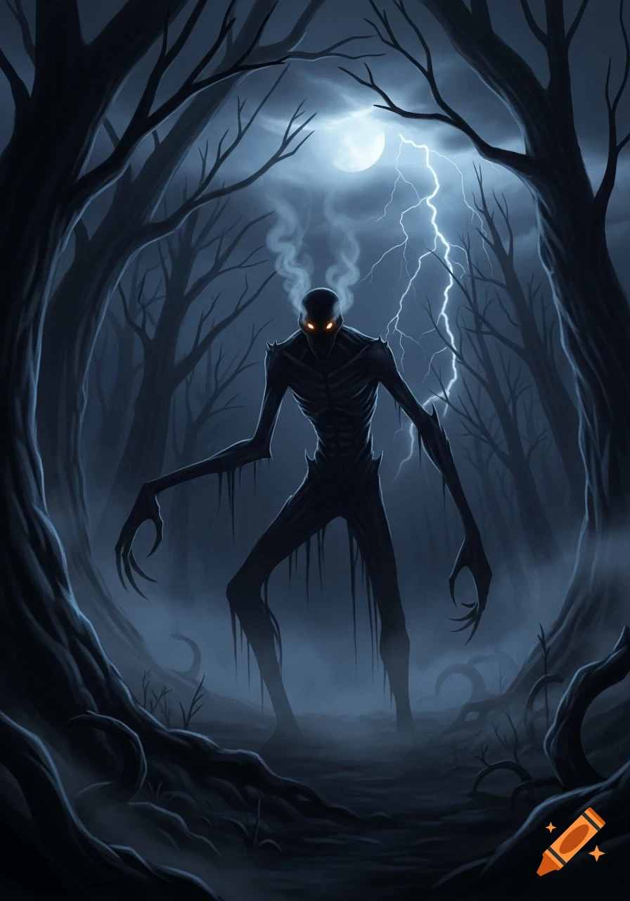 A dark, skeletal shadow monster with glowing orange eyes and a smoking head stands in a spooky, moonlit forest with lightning.