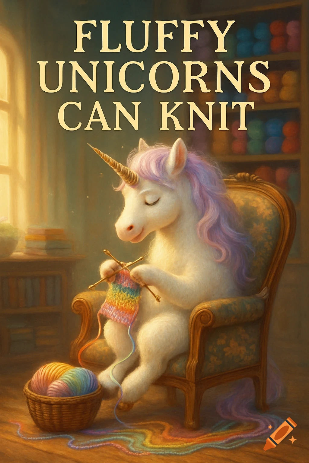 A fluffy unicorn sits in an armchair, knitting a rainbow scarf in a cozy room with bookshelves and a sunlit window.