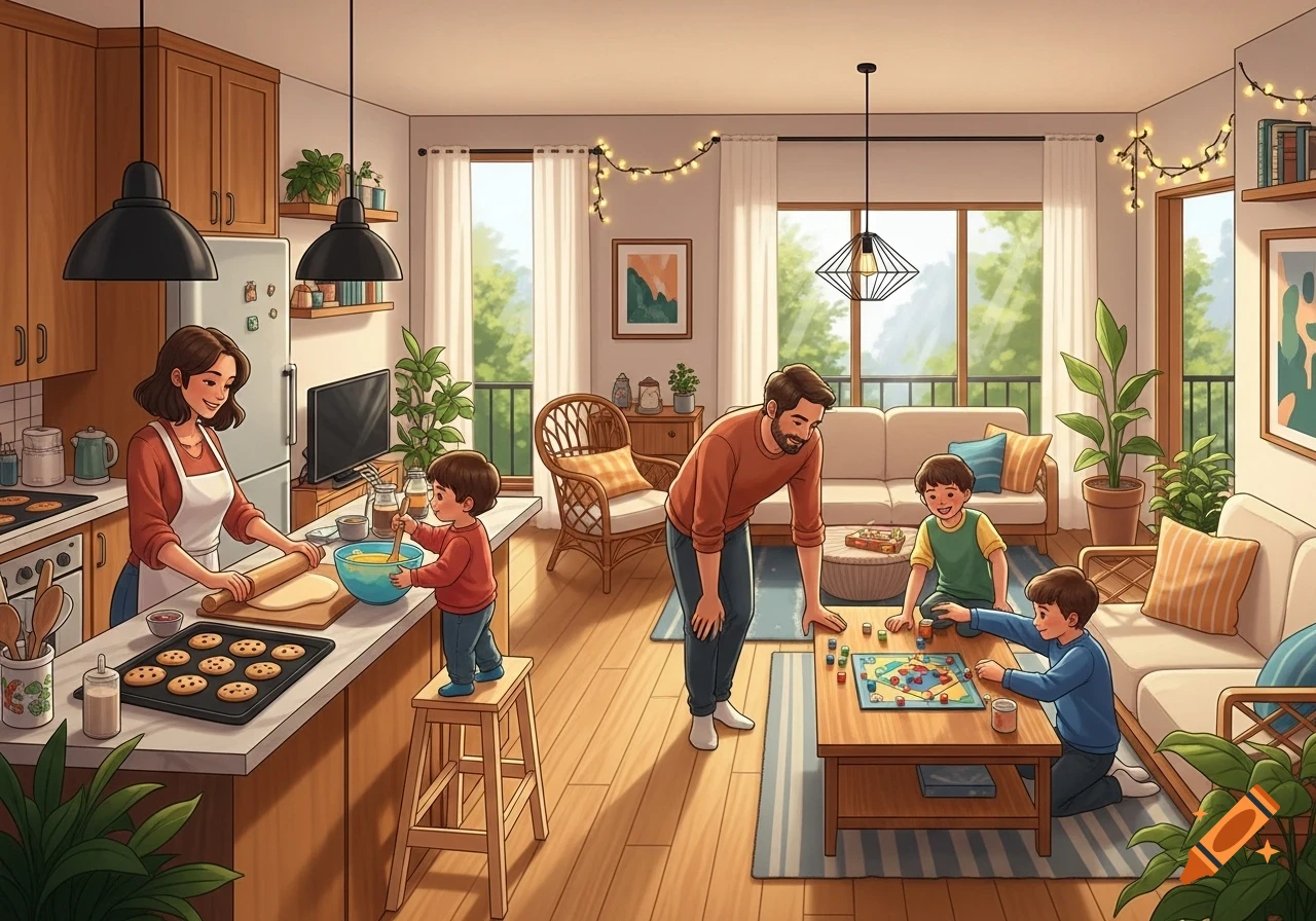 An illustration of a family in a home: mother and child bake in the kitchen, father and two children play a board game.