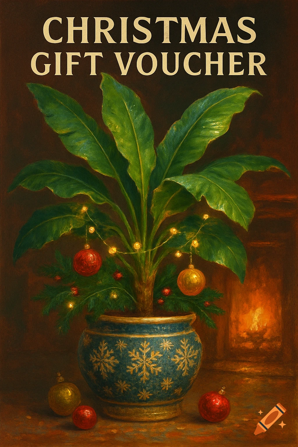 Christmas gift voucher featuring a decorated banana plant in a blue pot with snowflakes, rendered in a painterly style.