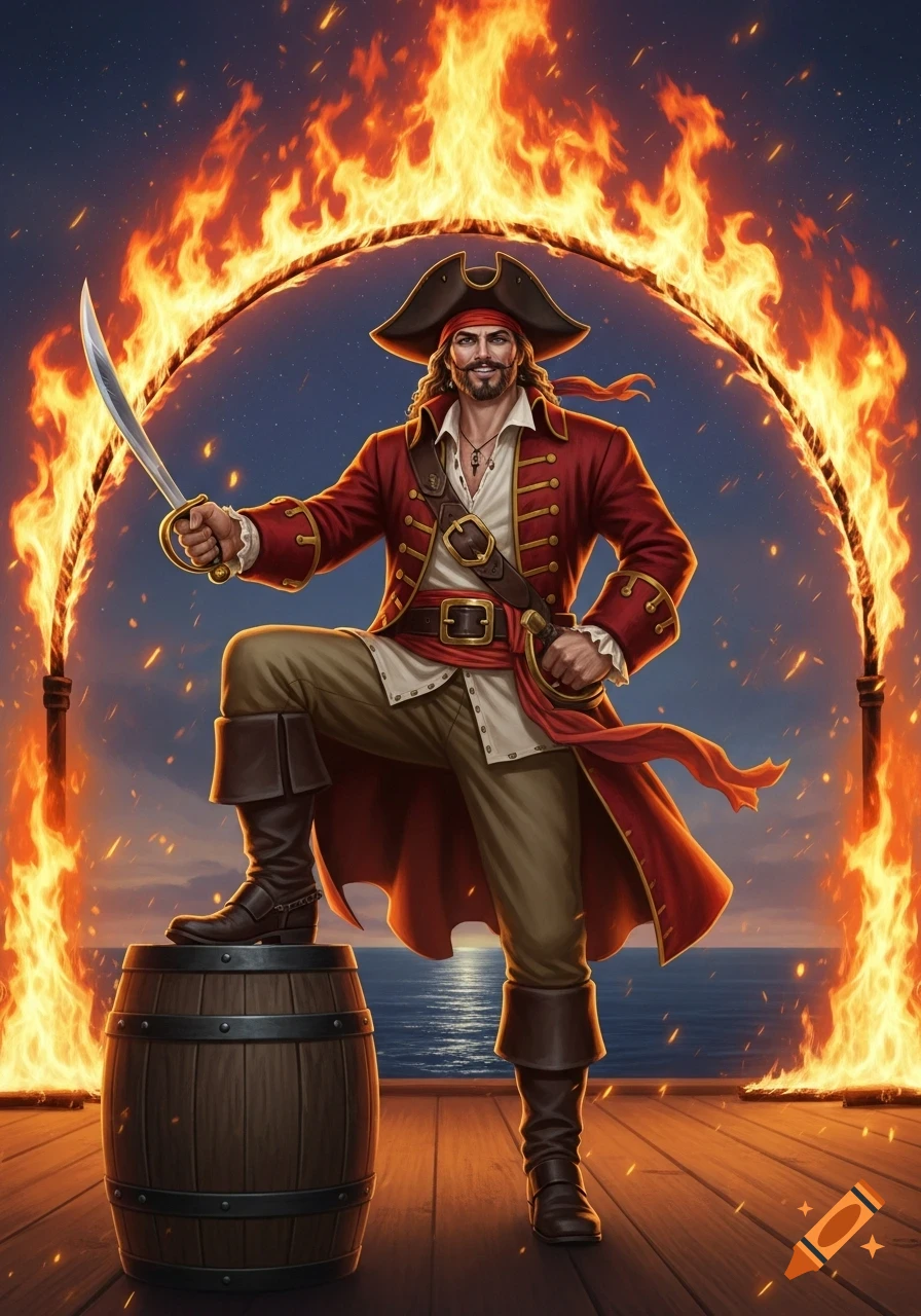 An illustrated pirate in a red coat stands with a leg on a barrel, holding a sword, under a fiery arch on a ship deck.