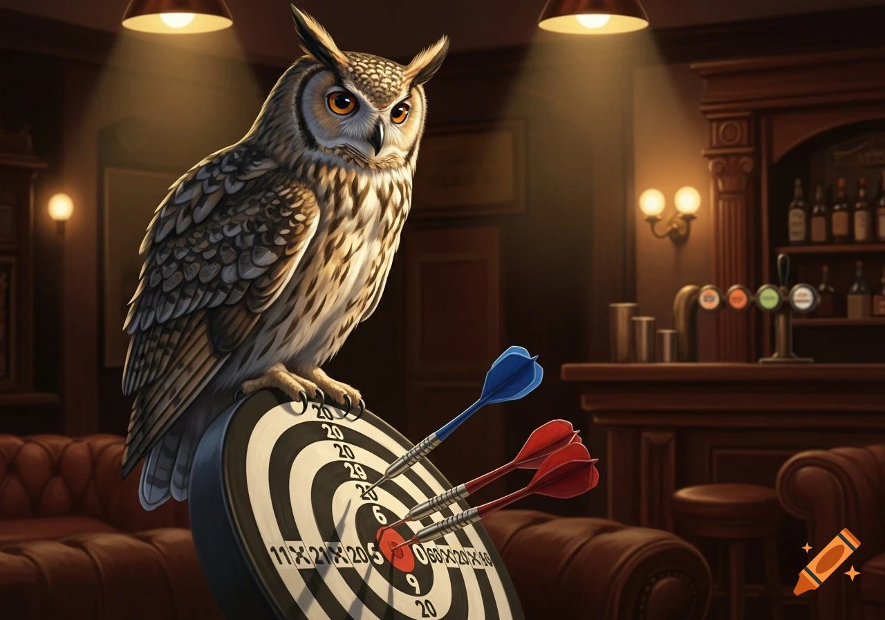 An owl perches on a dartboard with three darts stuck in the bullseye, inside a dimly lit pub. Photorealistic style.