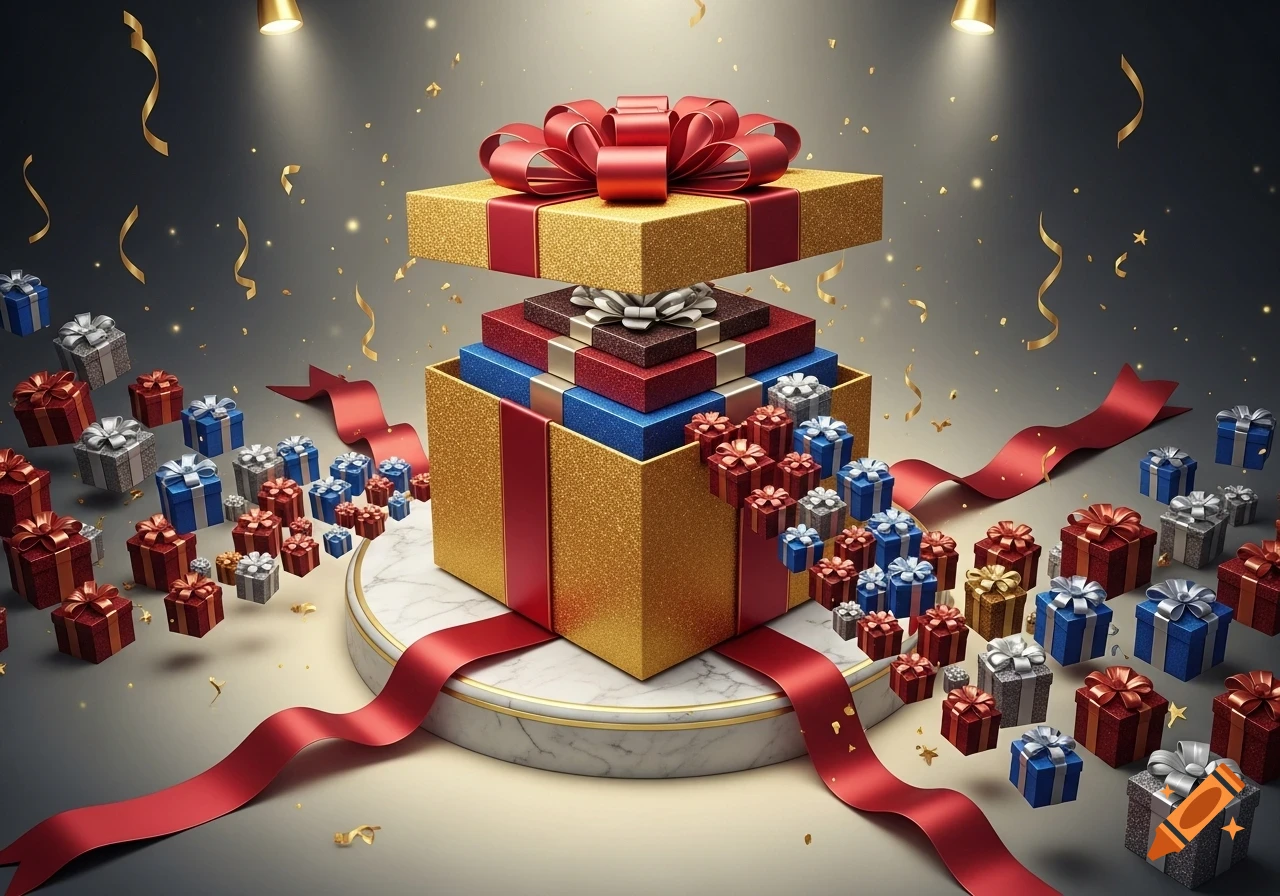 A large golden gift box opens to reveal smaller stacked gift boxes inside, surrounded by many other colorful gifts, ribbons, and confetti on a dark background.