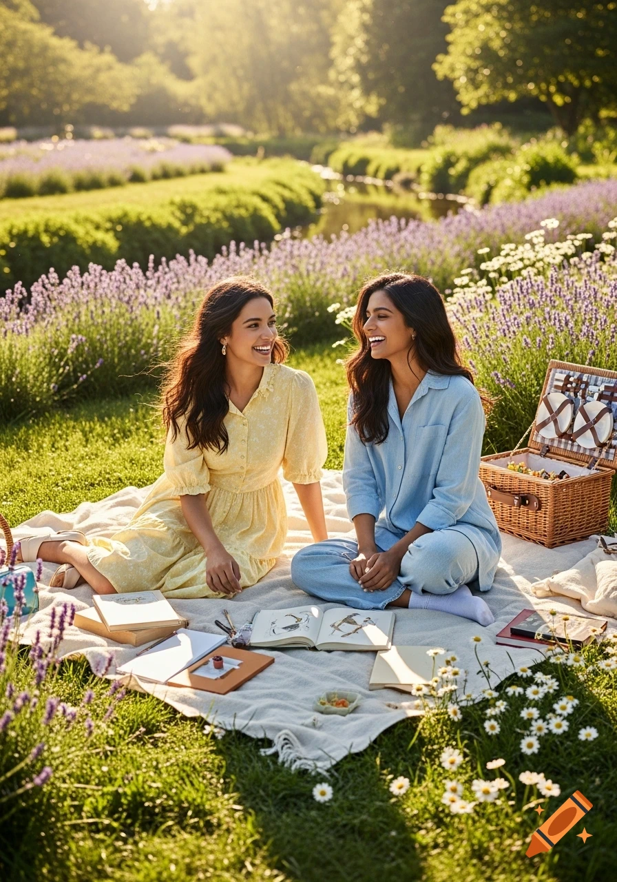 Two smiling women picnic on a blanket amidst a sunlit lavender field with a stream in the background.