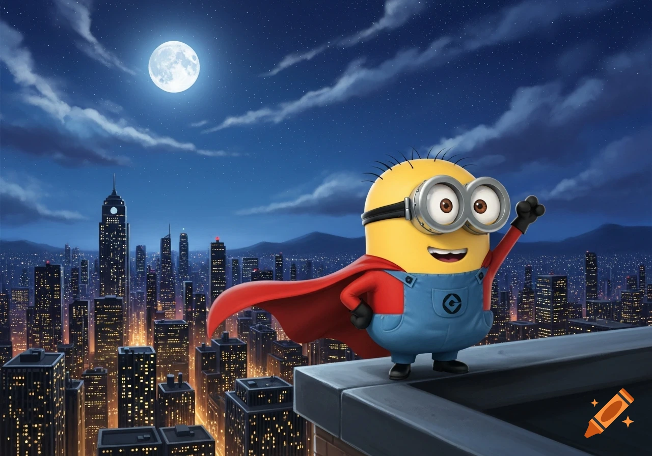 A Minion superhero in a red cape stands on a city rooftop at night under a full moon.