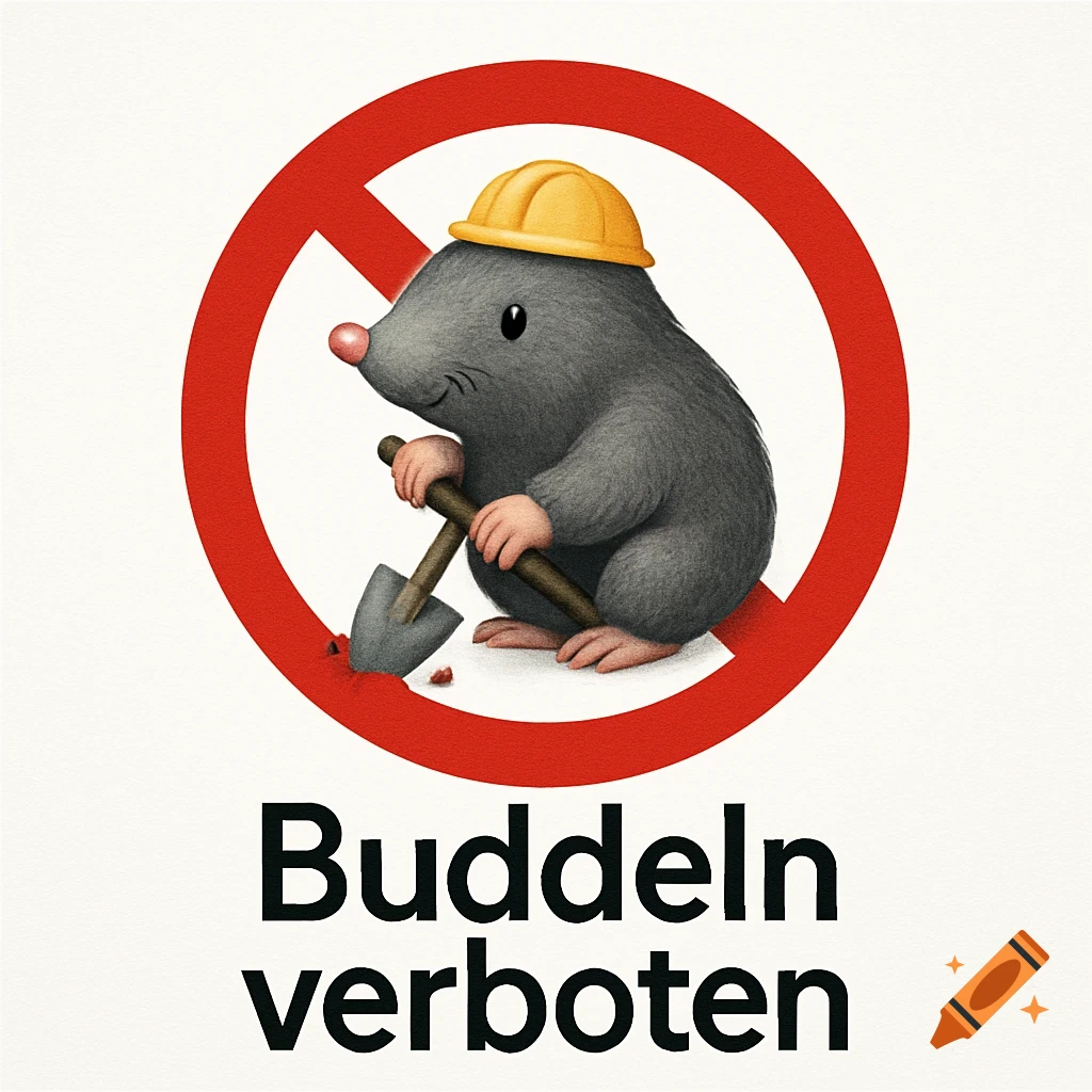A cute cartoon mole in a yellow hard hat holds a shovel within a red 'no' circle, with 'Buddeln verboten' text below.