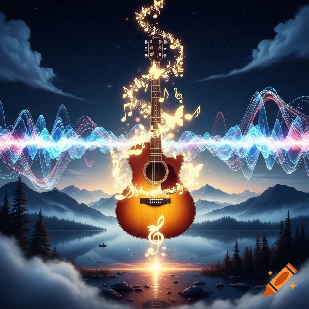 A glowing acoustic guitar with musical notes and butterflies rising ...