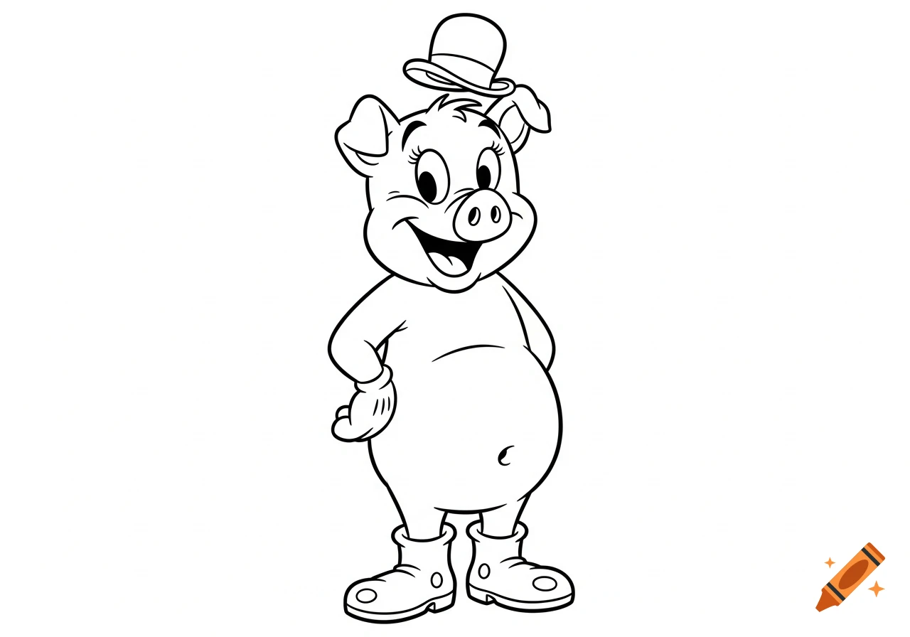 Black and white 1930s style cartoon pig standing like a human, wearing a bowler hat and boots.