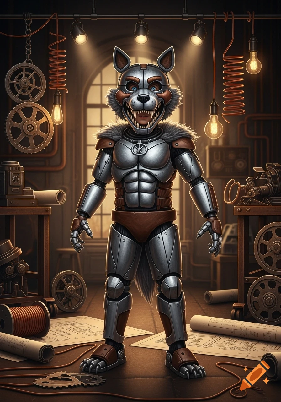 A detailed animatronic wolf character in a metallic suit stands in a steampunk workshop filled with gears and blueprints.