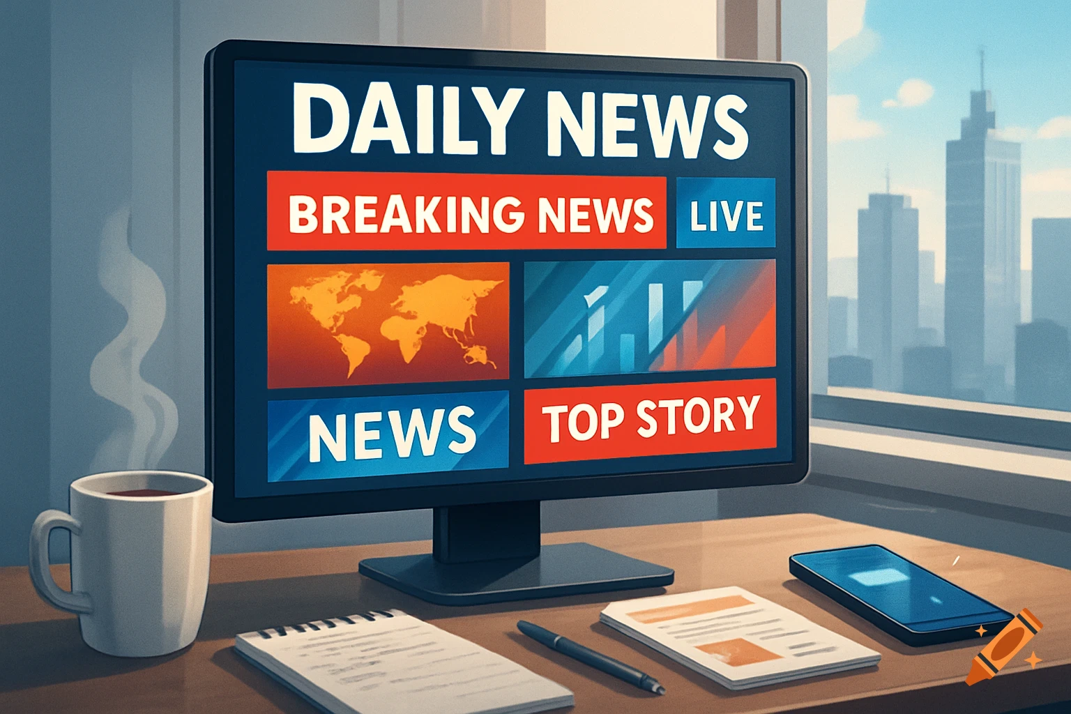 A desk with a monitor showing 'DAILY NEWS' and other headlines, a coffee mug, notepad, pen, and smartphone, with a city skyline outside.