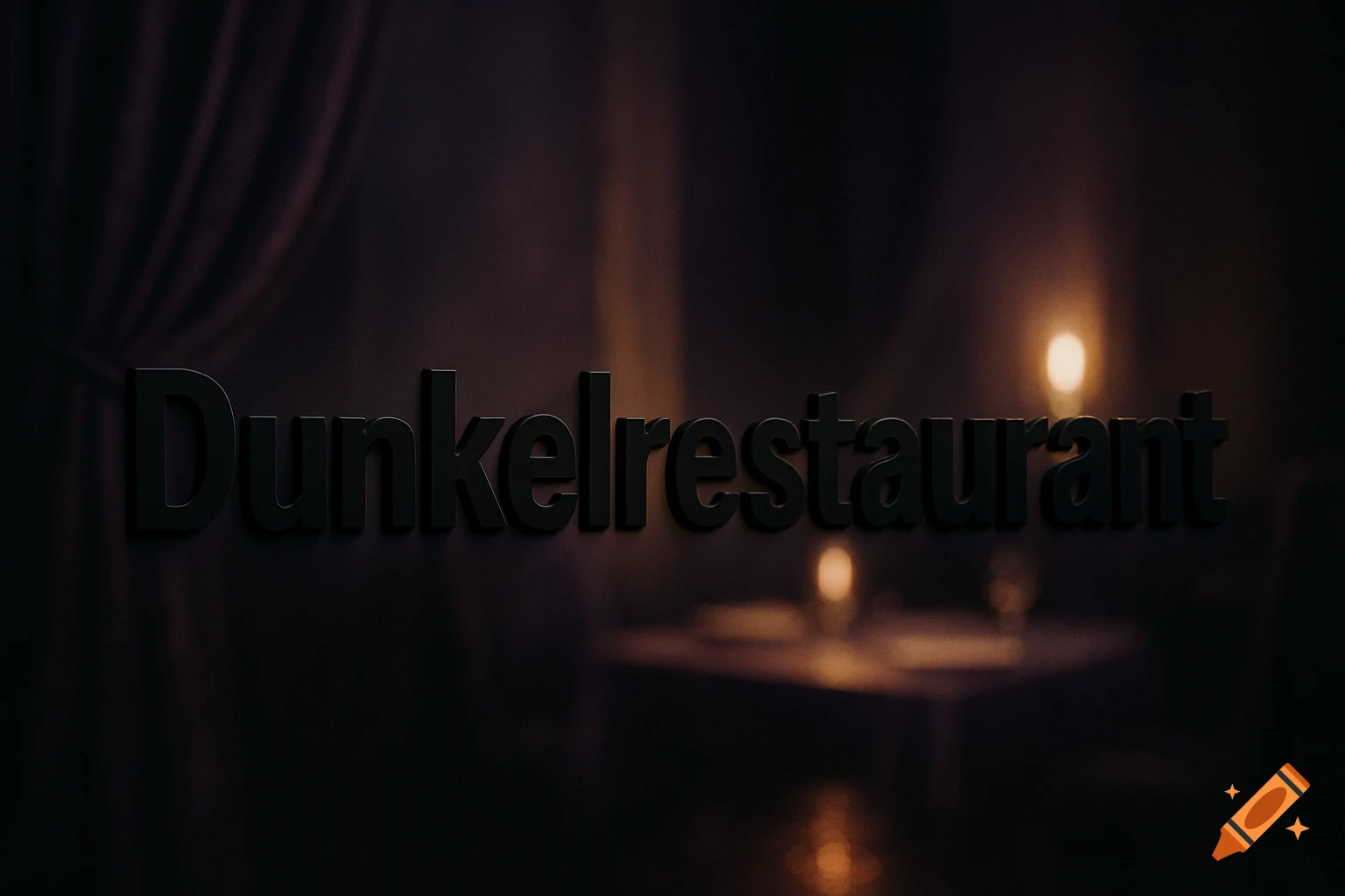 Dark restaurant interior with the word "Dunkelrestaurant" in the foreground, blurred candlelight tables in the background.