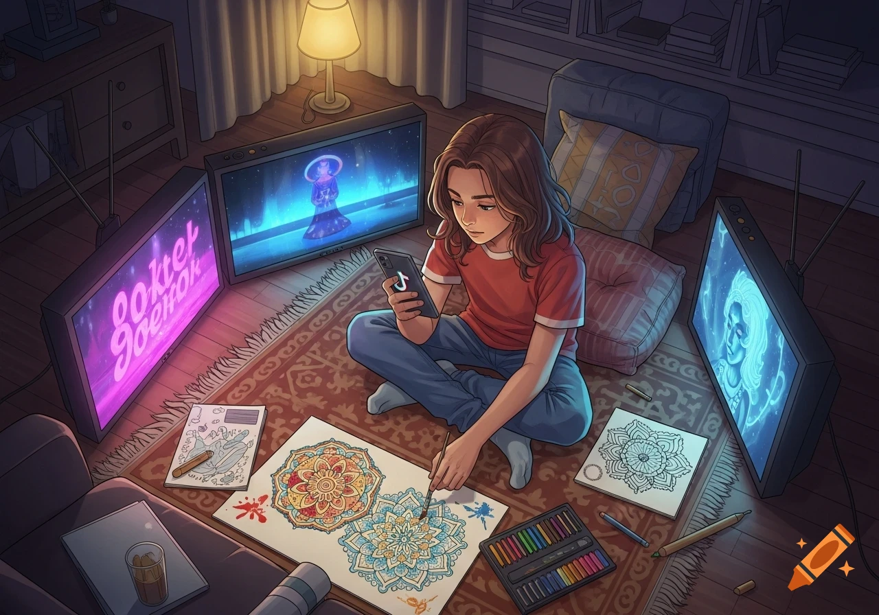 An illustration of a young person with long hair sitting on a rug, coloring mandalas while looking at a phone and multiple glowing TV screens.