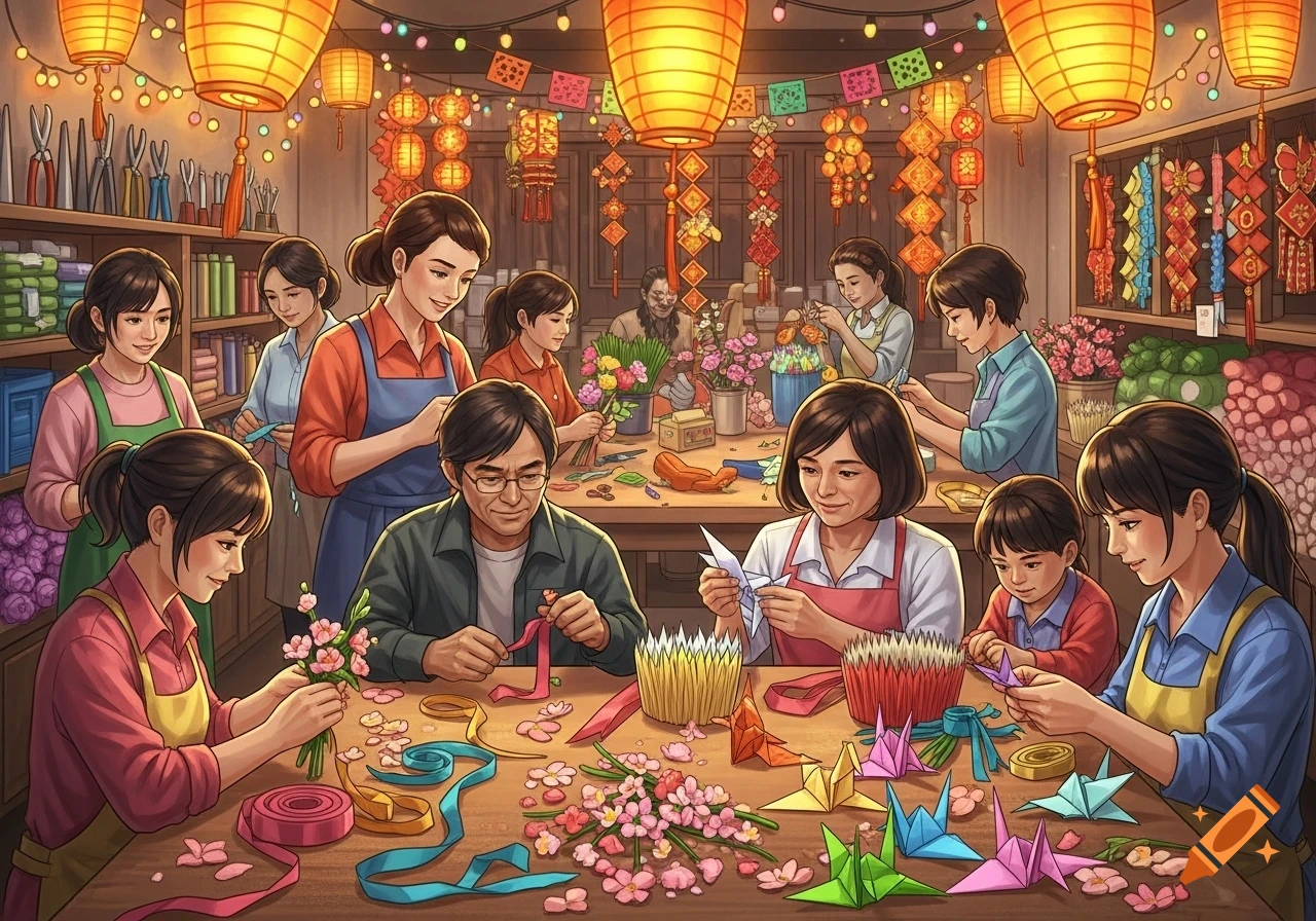 A group of adults and a child in a colorful, lantern-lit workshop, preparing for a festival by crafting origami, flower arrangements, and ribbon decorations.