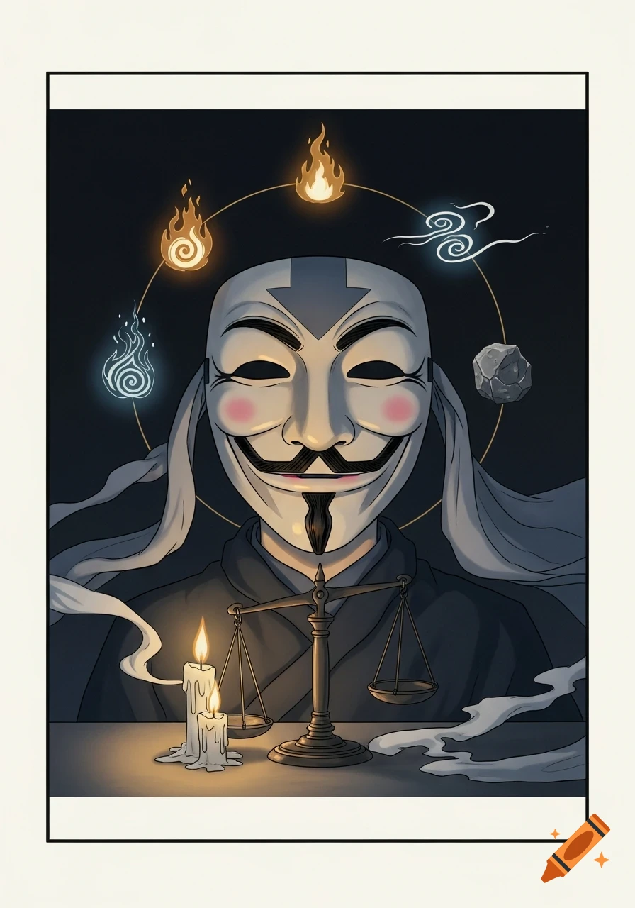 Semi-anime illustration of a Guy Fawkes mask, with elemental symbols, candles, and a balance scale in a dark, mystical setting.