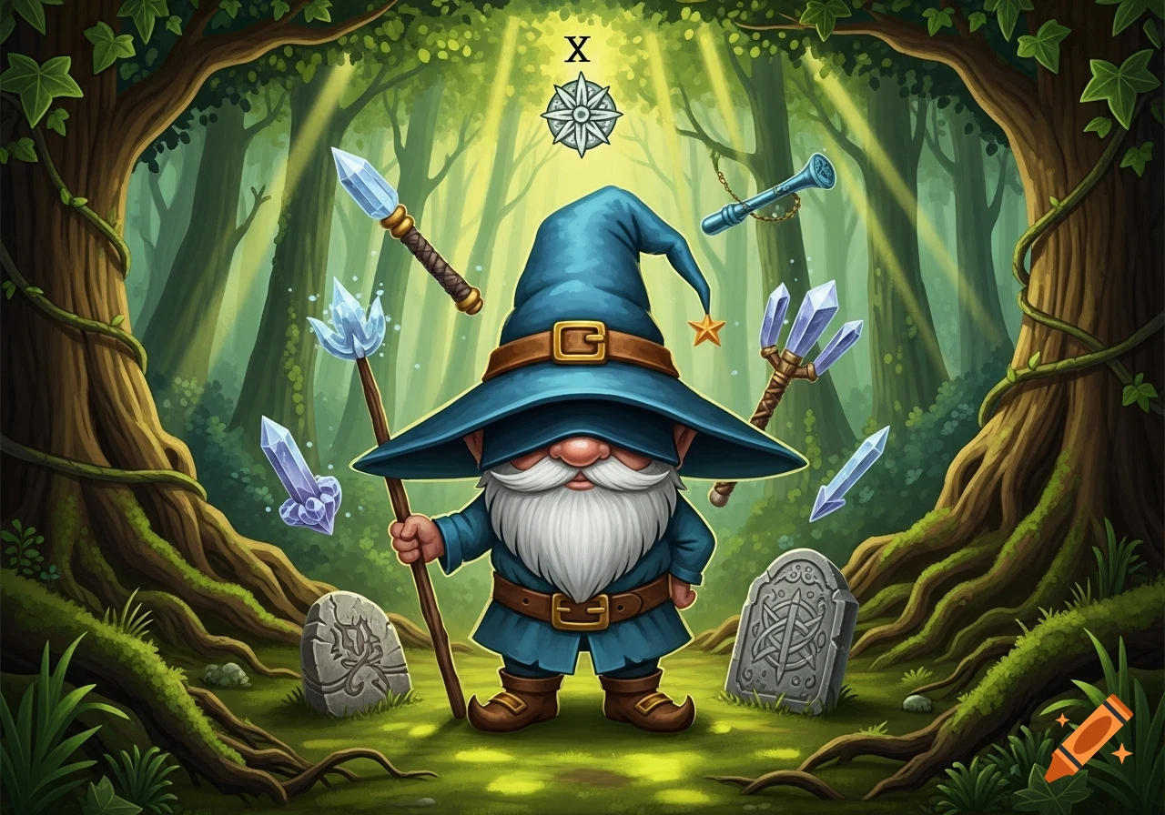 A cartoon gnome wizard in a blue hat and white beard stands in a magical forest, surrounded by floating crystal tools and gravestones, with an 'X' symbol overhead.