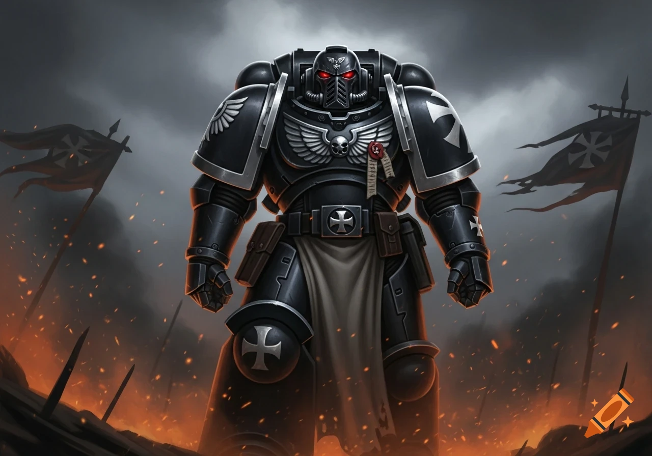 A heavily armored black Space Marine with glowing red eyes stands on a fiery battlefield under a dark, cloudy sky, with tattered banners displaying white crosses.