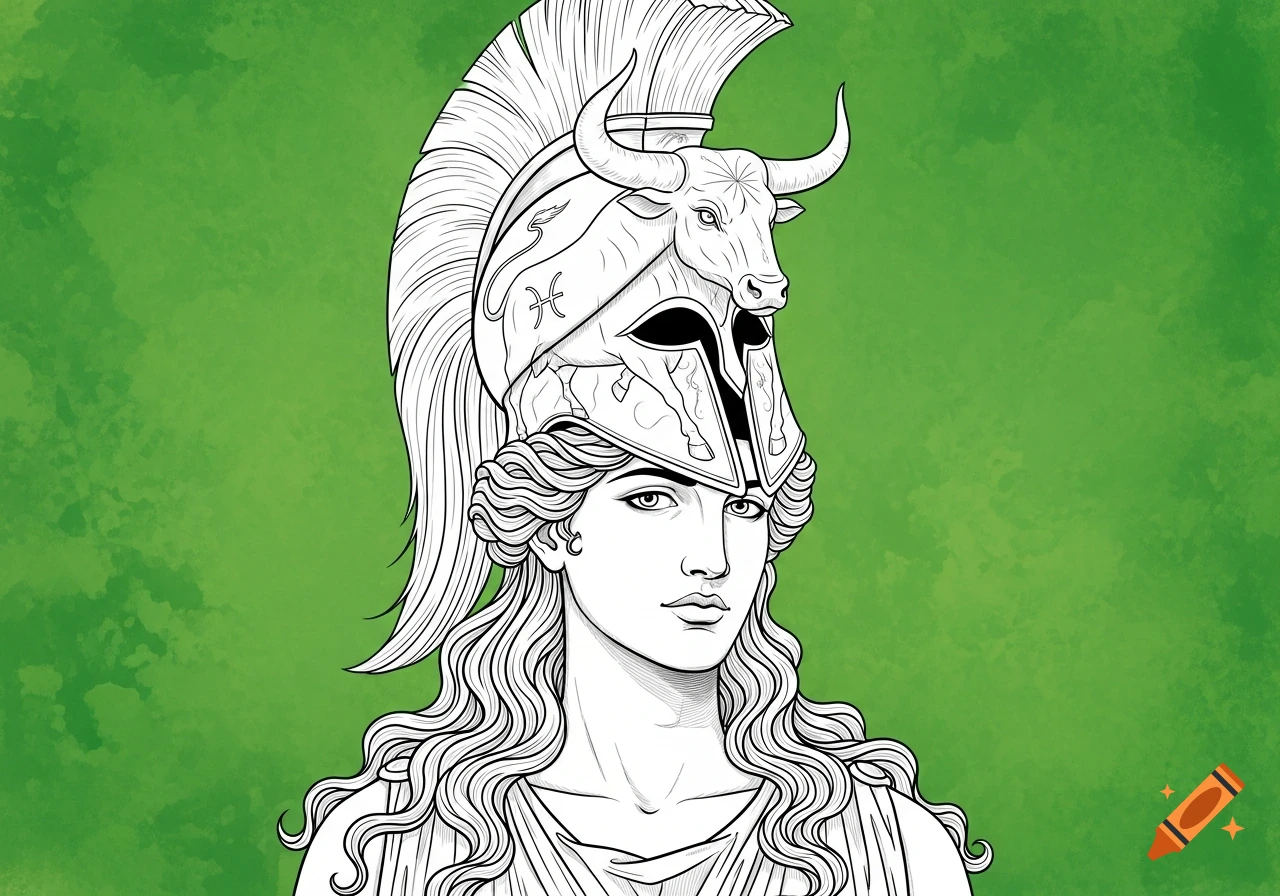 Monochrome line art of Aphrodite in a bull-adorned helmet against a textured green background.