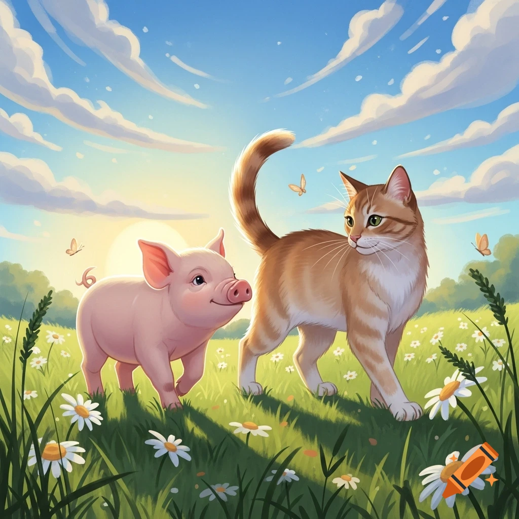 A cute pink pig and an orange tabby cat walk through a sunny green field with white daisies and butterflies, cartoon style.
