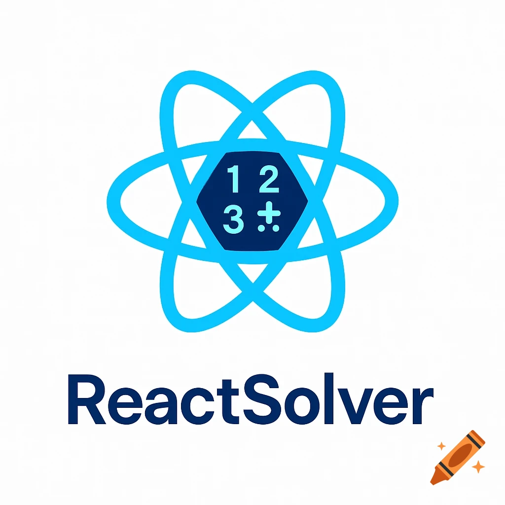 A clean logo for ReactSolver featuring a blue React atom symbol with a dark blue hexagon containing calculator numbers and symbols.