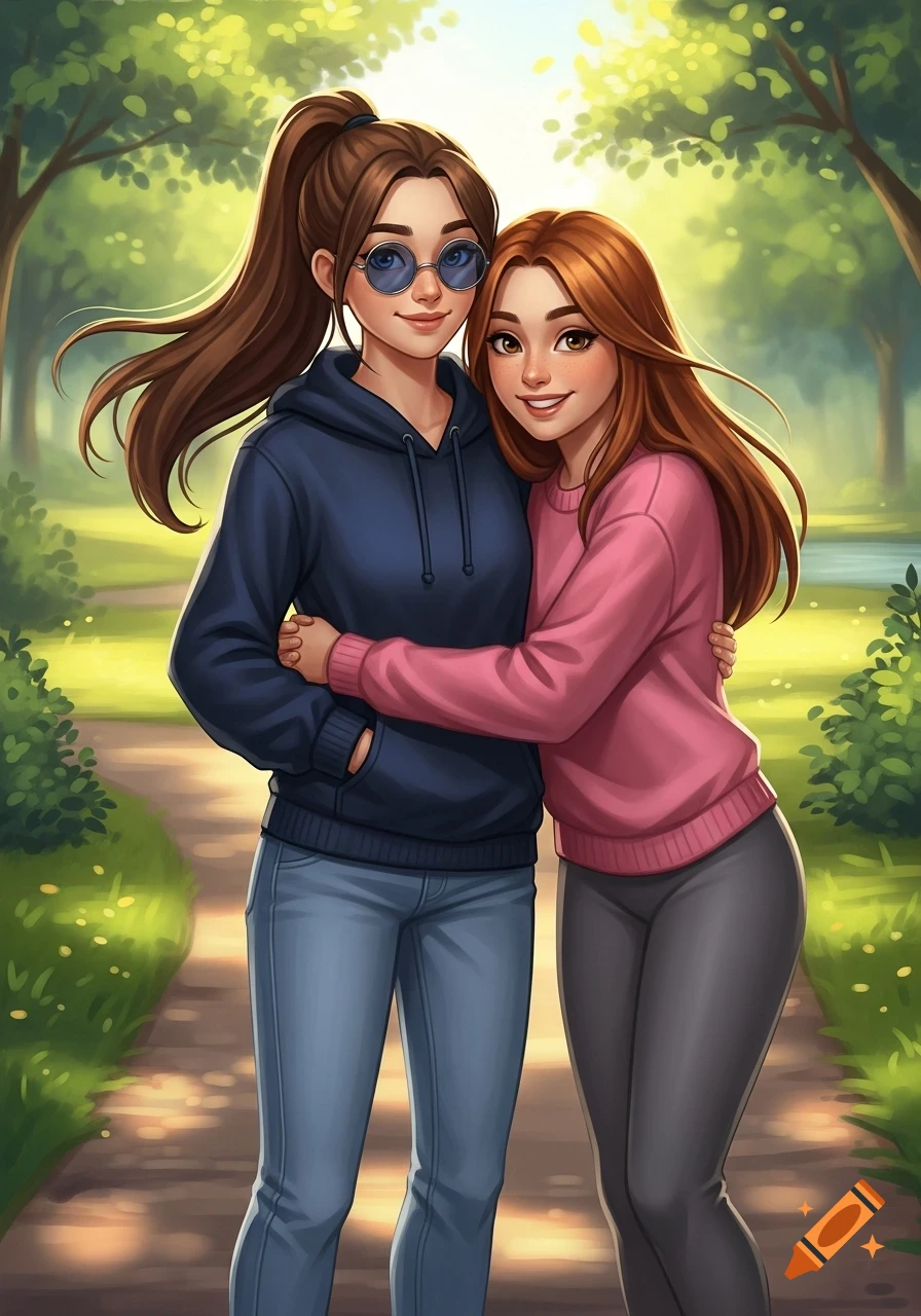 Two smiling anime girls embracing on a sunny park path. The left girl wears a blue hoodie and jeans, the right a pink sweater and gray pants.