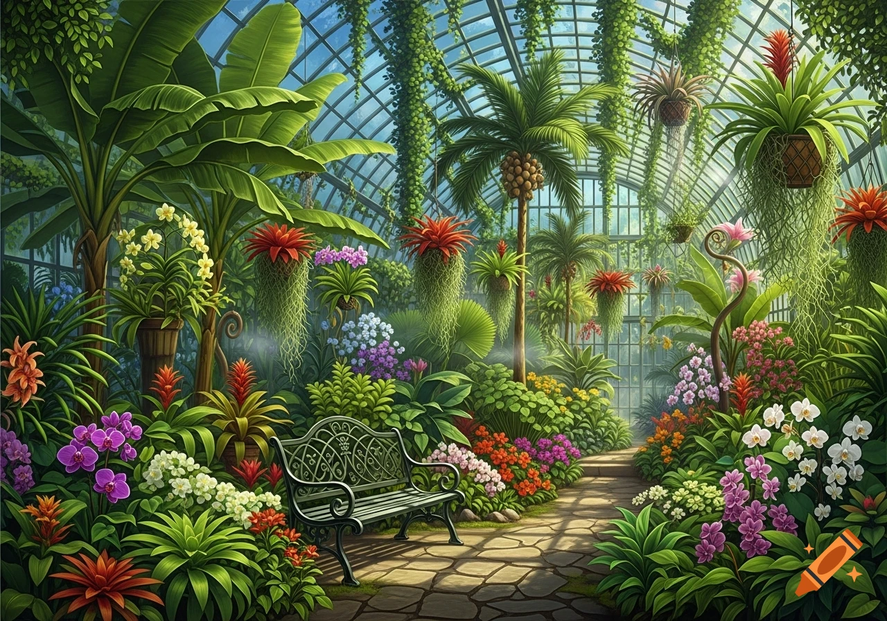 A vibrant, lush conservatory filled with diverse tropical plants, colorful flowers, hanging vines, and a wrought-iron bench on a stone path under a glass ceiling.
