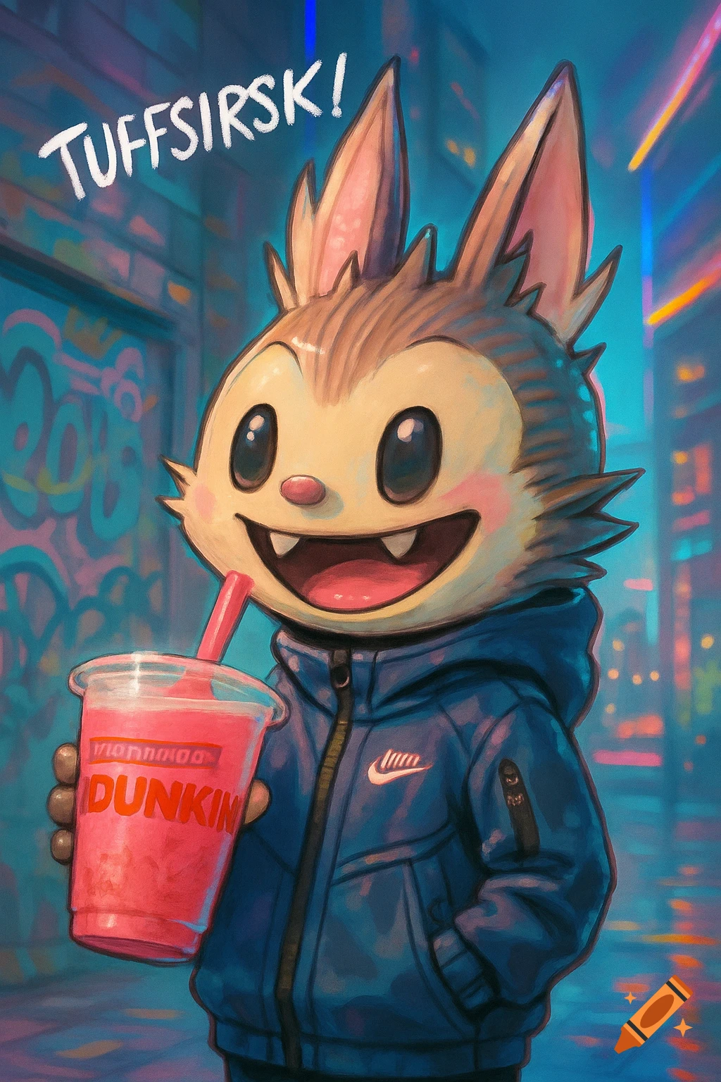 A stylized cartoon character resembling a bat or rabbit with large ears, wearing a blue Nike tech jacket, holding a pink Dunkin' drink with a straw, and smiling in a city alley with graffiti. White text above reads "TUFFSIRSK!"