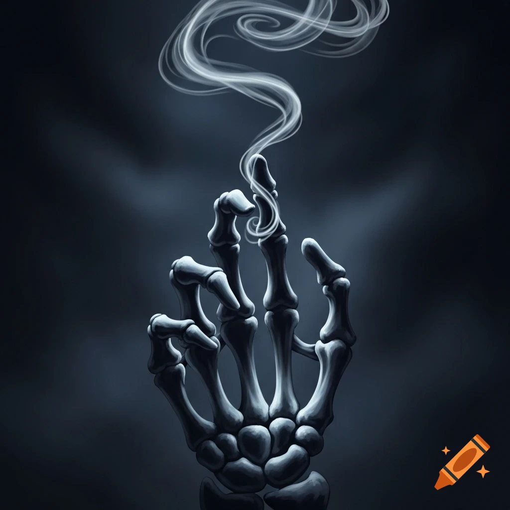 A stylized skeleton hand with curled fingers releases a plume of white smoke against a dark, moody background.