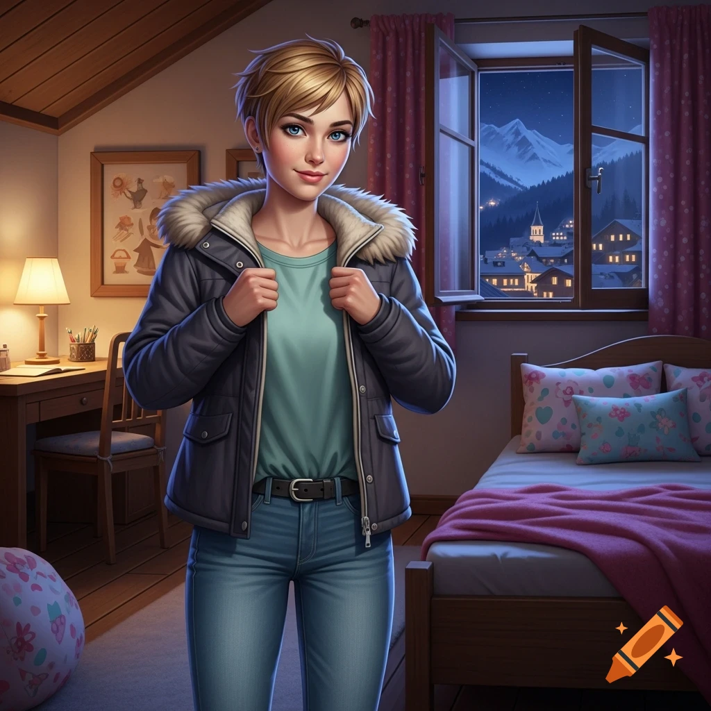 A smiling young woman with short blond hair stands in a cozy bedroom, holding her open winter jacket. An open window overlooks a snowy mountain village at night. Digital art.