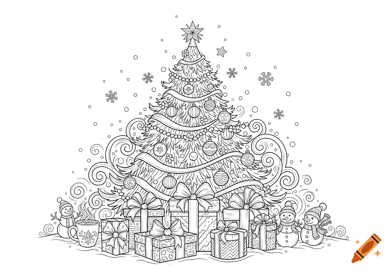 Black and white coloring page featuring a decorated Christmas tree surrounded by wrapped gifts and snowmen, with snowflakes falling.