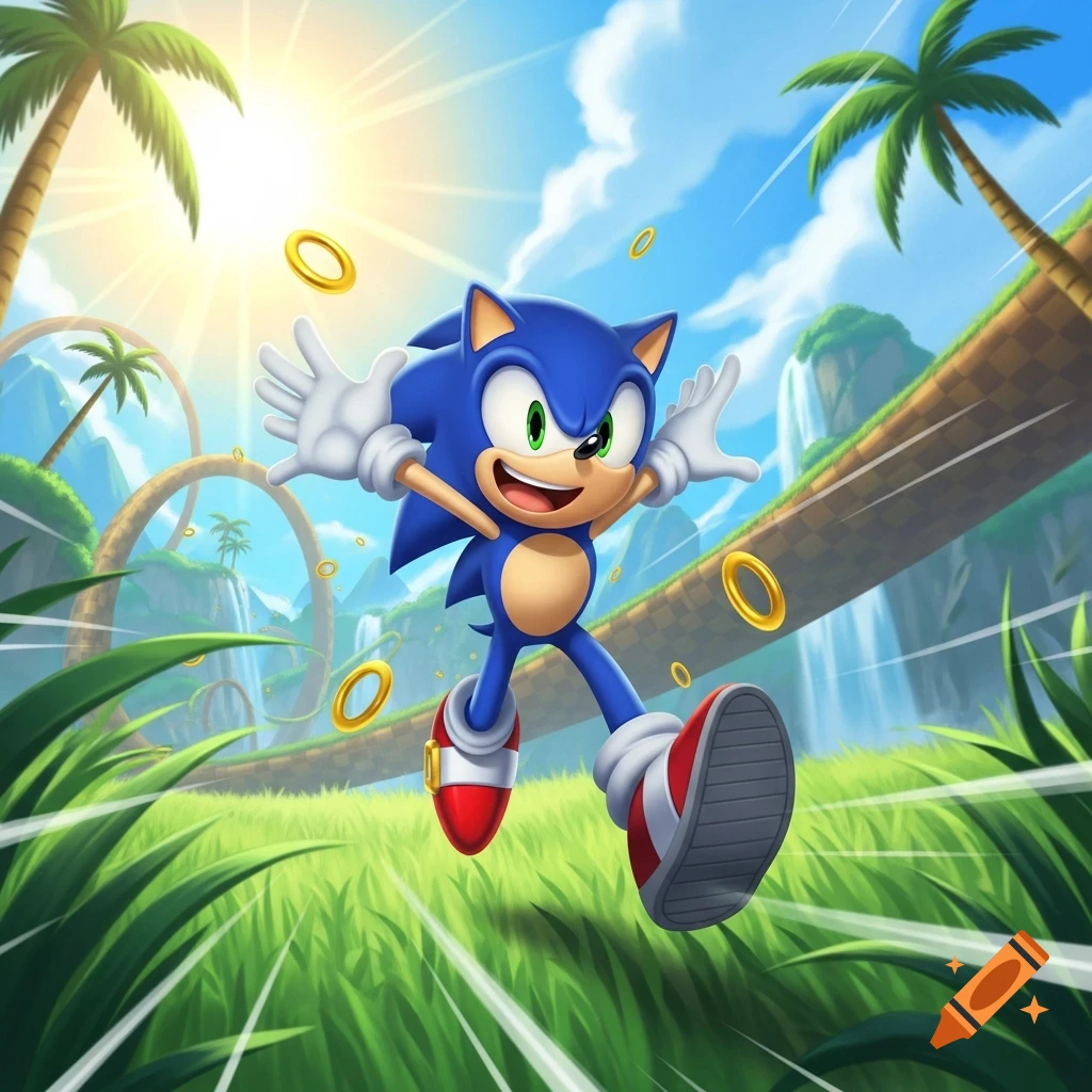 Sonic the Hedgehog joyfully runs through a vibrant Green Hill Zone-like landscape with palm trees, waterfalls, and golden rings under a sunny sky.