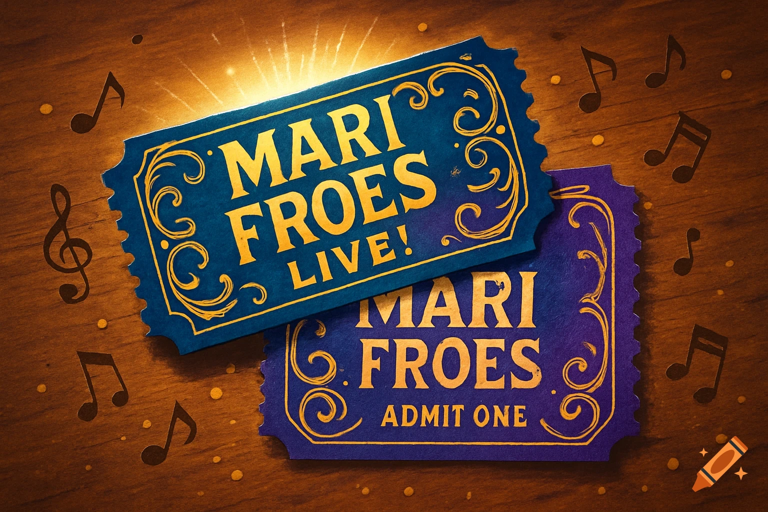 Two gold and blue concert tickets for Mari Froes, with musical notes scattered on a wooden background.