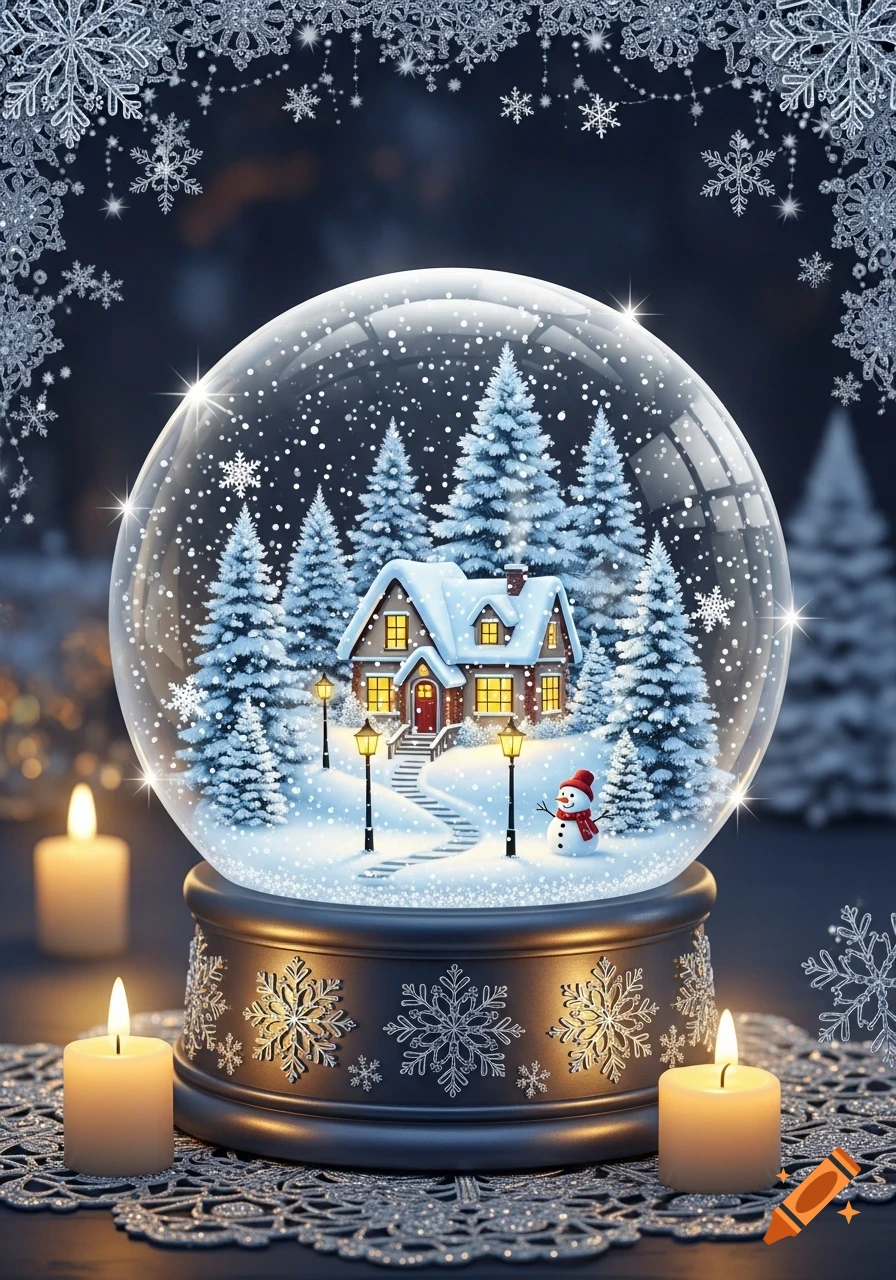 A festive snow globe depicting a snowy house, pine trees, and a snowman ...