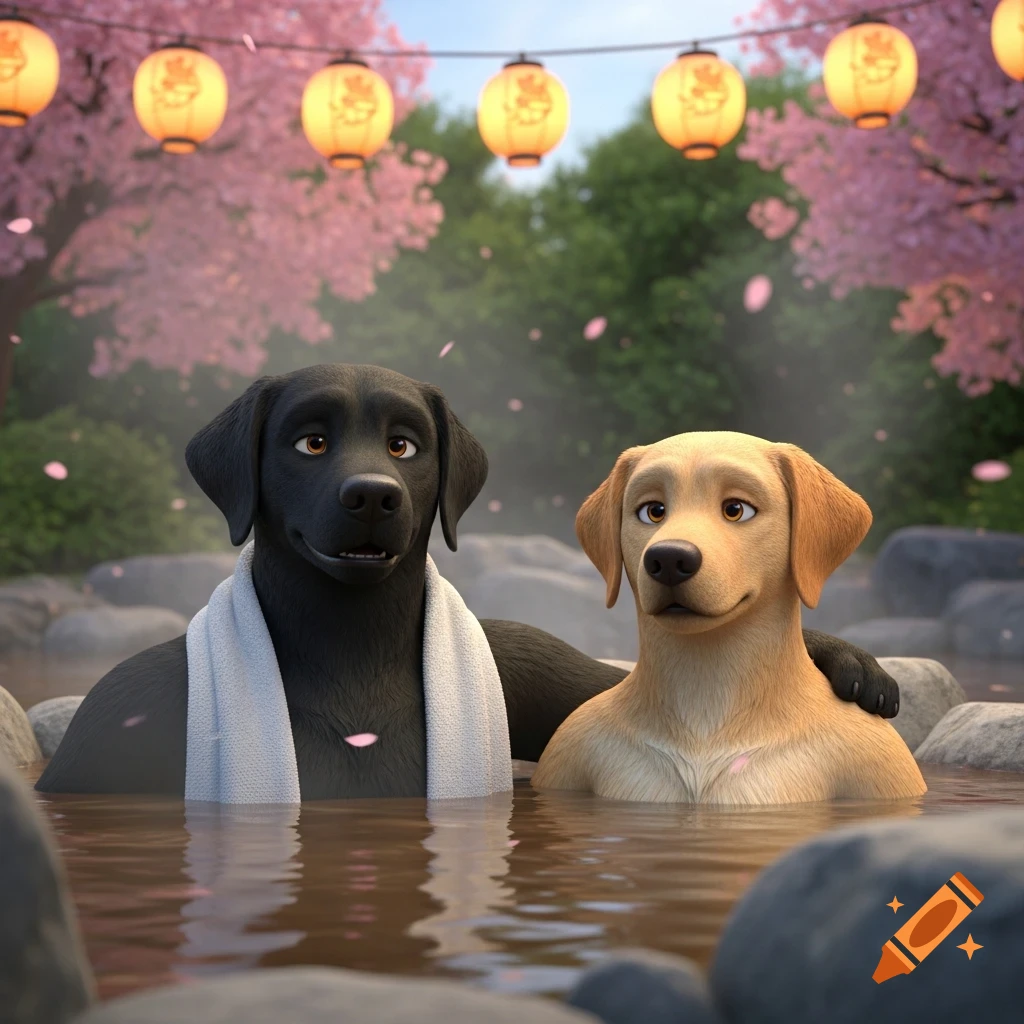 A black and a golden Labrador dog relax in a steamy hot tub under cherry blossoms and glowing lanterns in a 3D animation style.