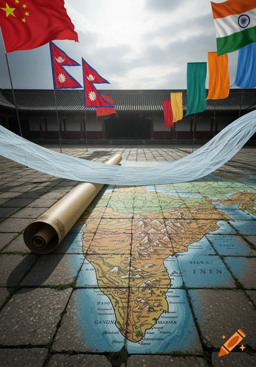 A silk map of South Asia unfurls across a stone courtyard, with flags of China, Nepal, and India waving above a traditional building under a cloudy sky.
