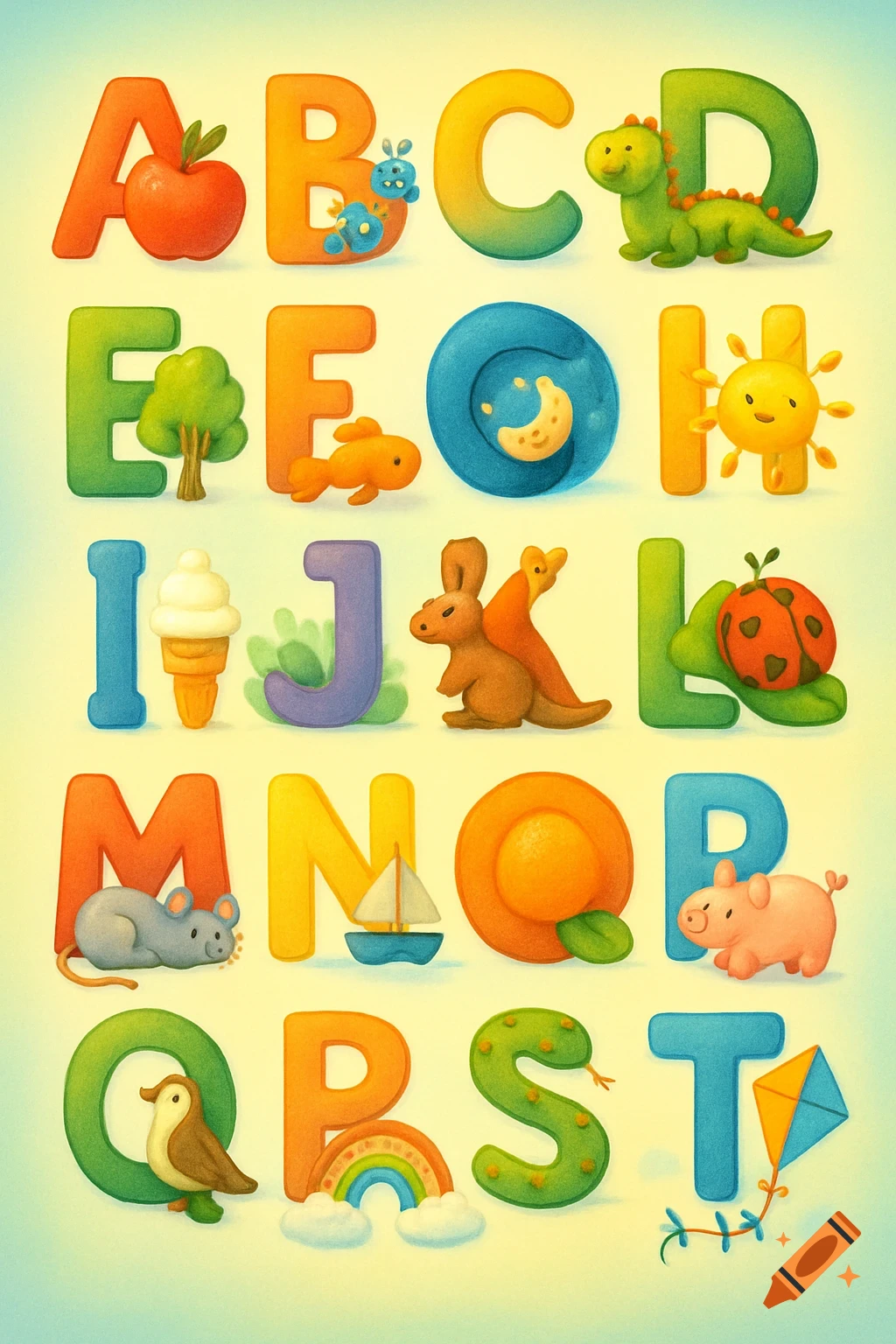 A colorful, playful alphabet learning poster featuring 3D-rendered letters from A to T, each with an associated object or animal.