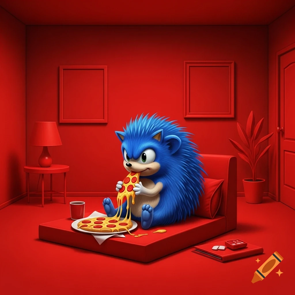 A blue hedgehog sits on a red bed in an all-red room, happily eating a slice of cheesy pizza.