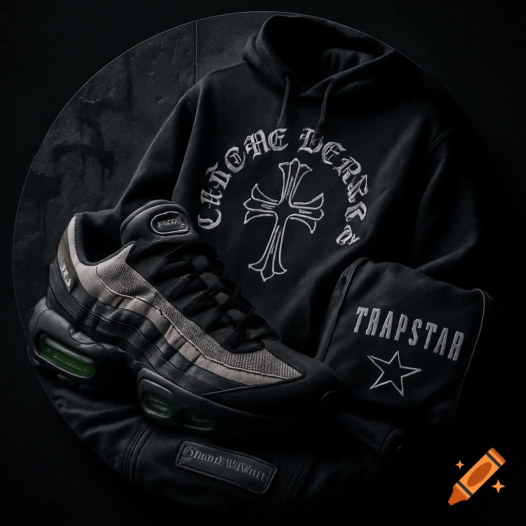 Close-up of a black Nike Air Max 95 sneaker, a black Chrome Hearts hoodie with a cross logo, and a black Trapstar bag with a star, all against a dark background.
