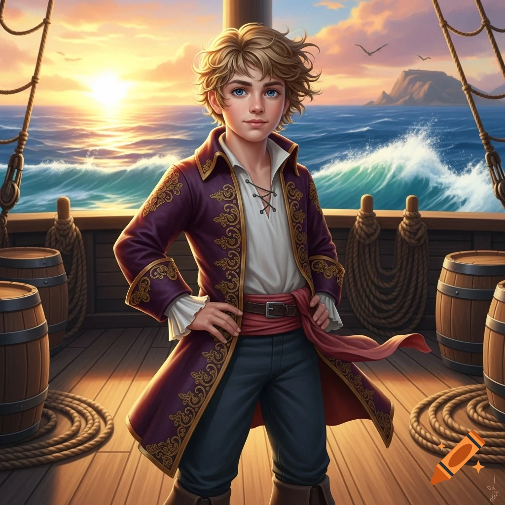 A blonde boy in a purple pirate coat stands on a ship's deck at sunset, with ocean waves behind him.