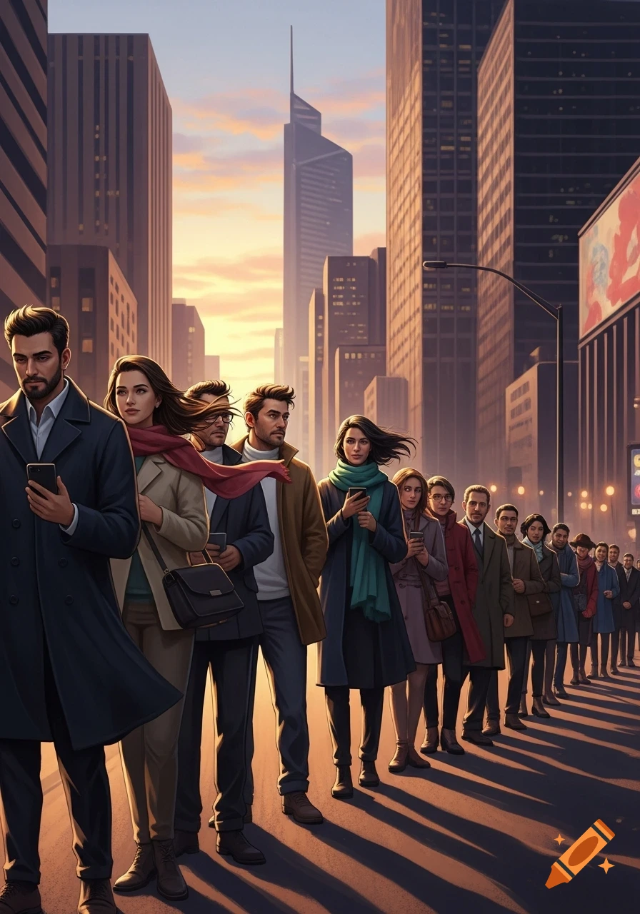 A long line of people, many looking at smartphones, queue on an urban street lined with tall buildings under a sunset sky.