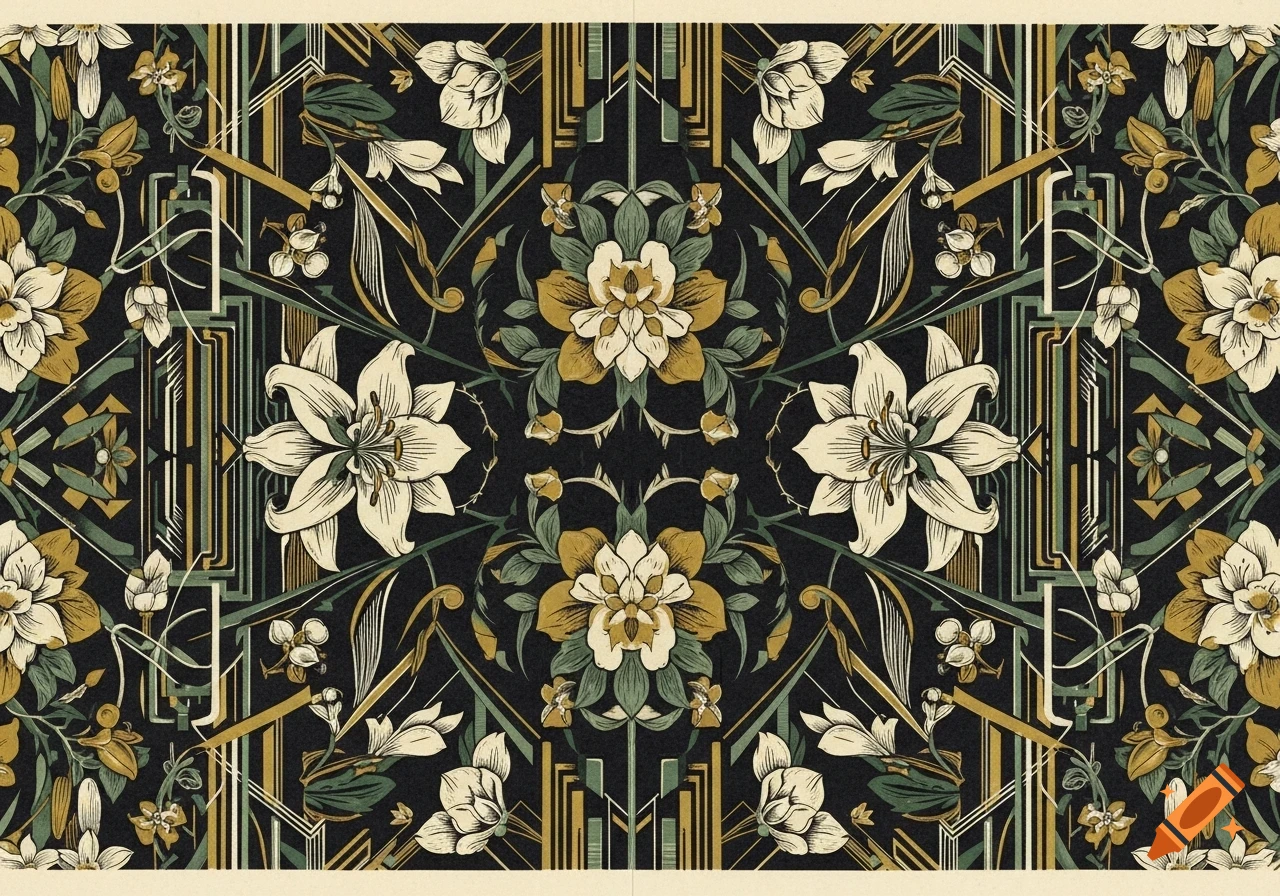 Repeating Art Deco and Victorian floral pattern with cream, gold, and green flowers and geometric lines on a black background, in a woodcut style.