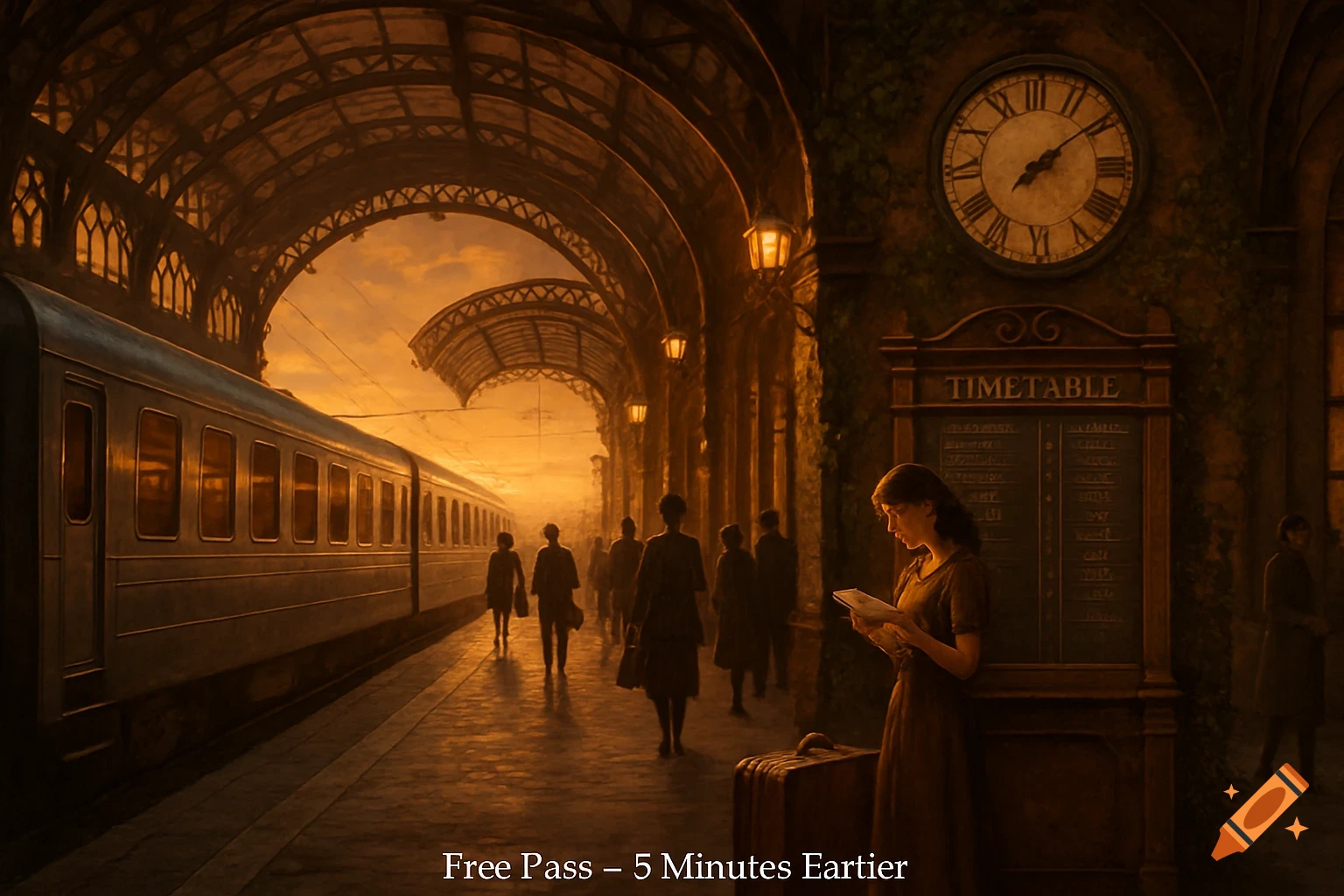 A woman reads near a timetable and clock at a vintage-style train station with an old train and people on the platform under a warm, glowing sky.
