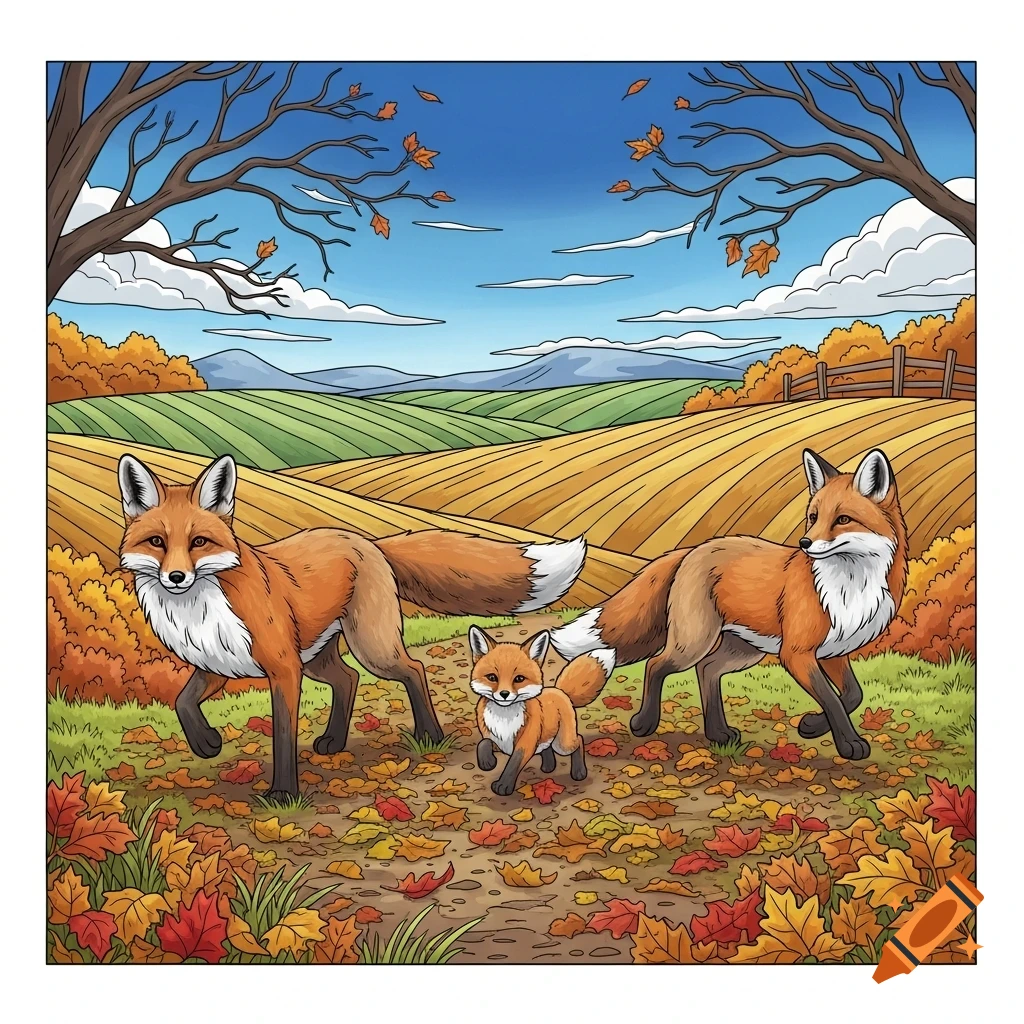 Cartoon coloring page of three orange and white foxes, including a baby, walking through a vibrant autumn countryside with fallen leaves and trees.