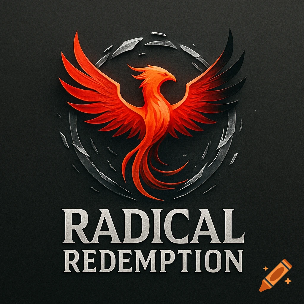 Stylized red and orange phoenix logo within a broken silver circle, above "RADICAL REDEMPTION" text on a dark gray background.