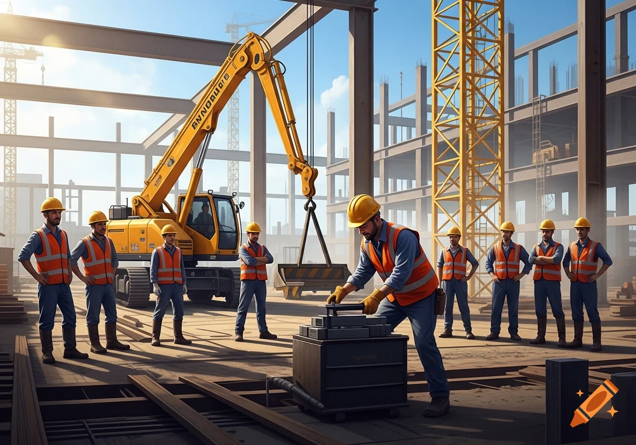 Photorealistic image of construction workers on a site with an excavator. One worker in the foreground handles equipment while others watch.