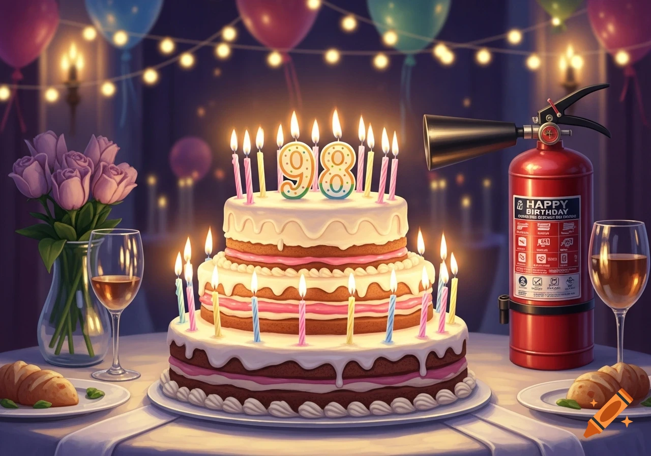 A festive birthday cake with burning candles shaped as '98', flanked by a red fire extinguisher, wine glasses, and a vase of flowers, under balloons and string lights.