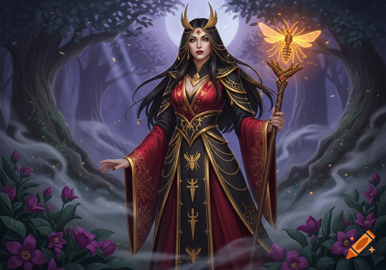 A fantasy priestess with long dark hair, golden horns, and a black and red ornate dress holding a glowing staff topped with a glowing bee. She stands in a mystical forest at night under a full moon, surrounded by purple flowers.