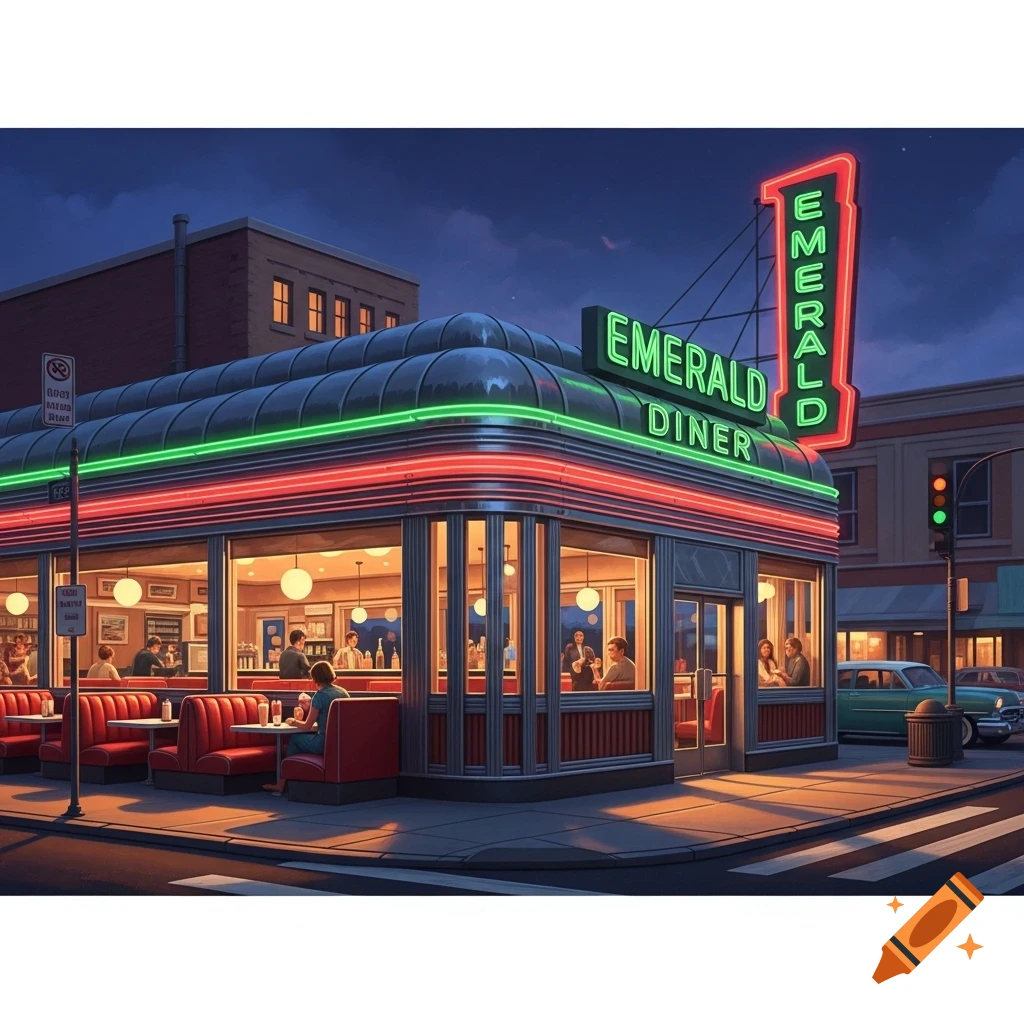 A vibrant retro-style diner named 'Emerald Diner' with neon green and red lights, illuminated at night on a city street corner.